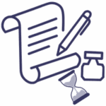 Ilustraci&oacute;n de un pergamino con l&iacute;neas de texto, un l&aacute;piz, un tintero y un reloj de arena