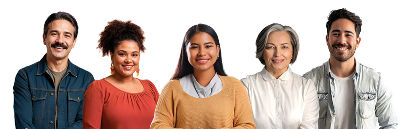 Grupo diverso de personas sonriendo para el banner principal del Concurso Público 2026 del INE