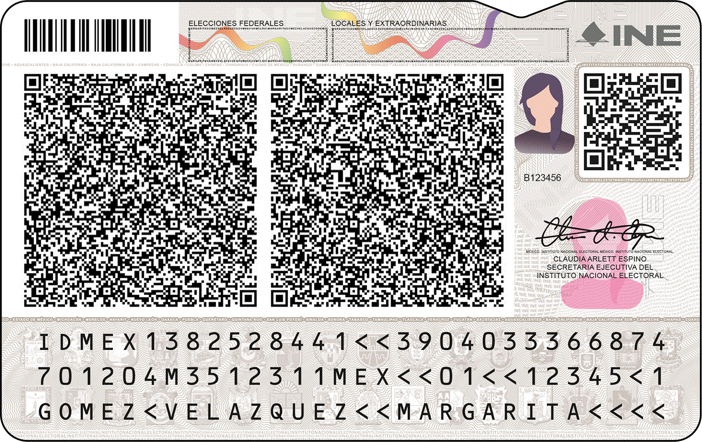 Reverso de credencial con códigos QR, código de barras, fotografía y elementos de seguridad