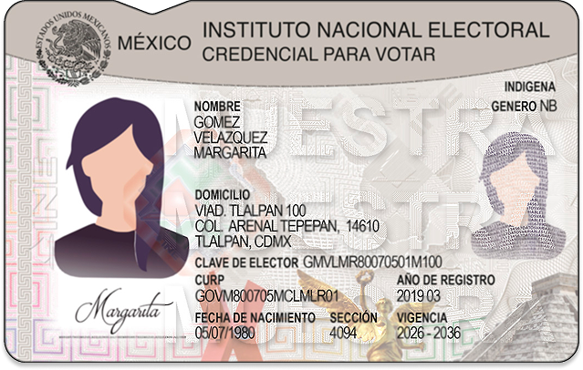 Anverso de credencial para votar INE con fotografía y elementos de seguridad