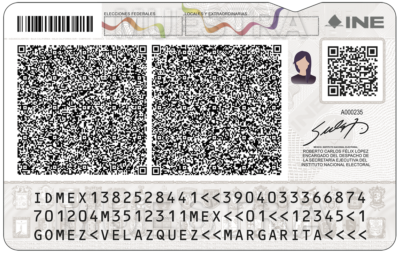 Reverso de credencial con códigos QR, código de barras, fotografía y elementos de seguridad